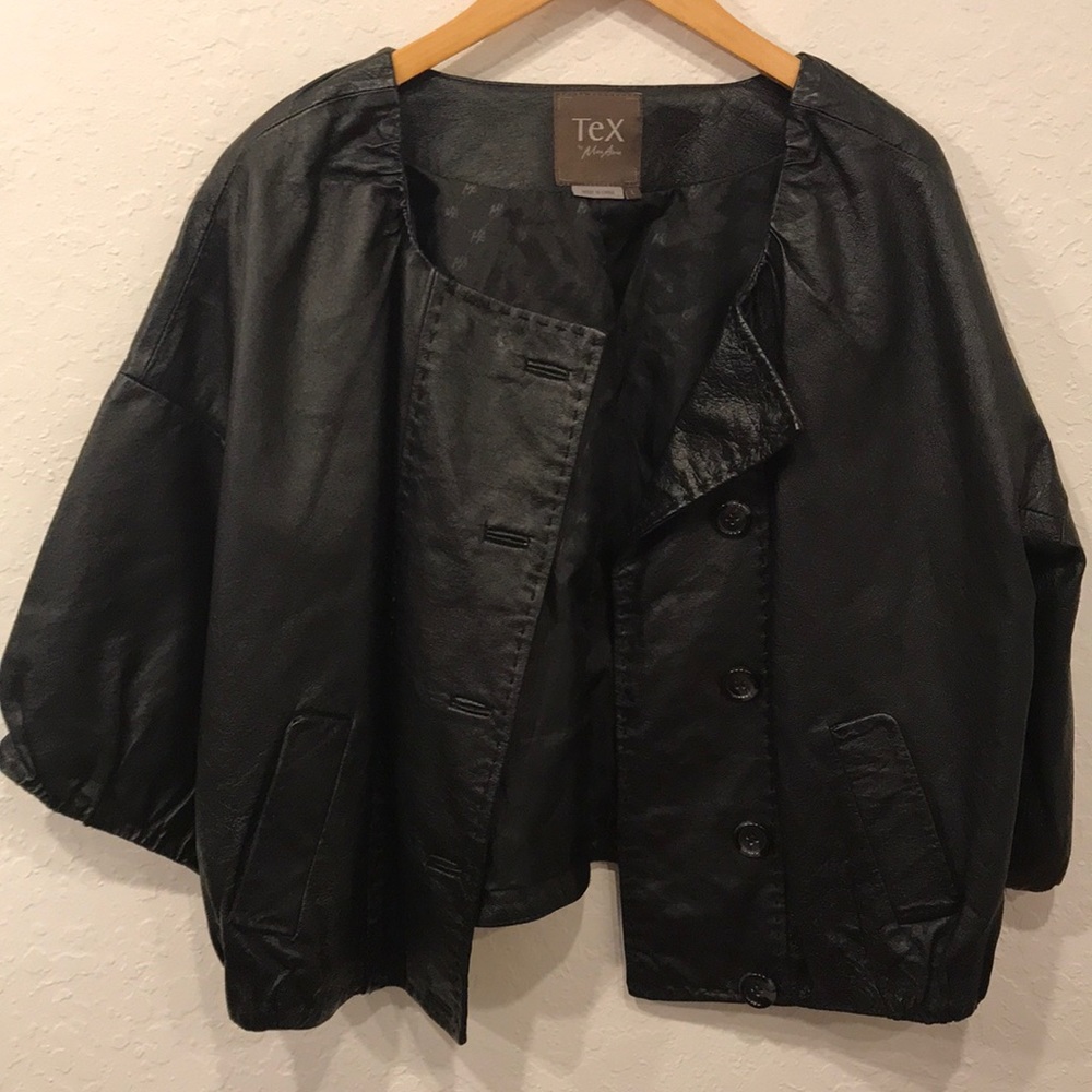 TEX Max Azria leather button down wide neck jacket